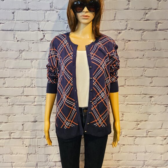 CHARTER CLUB, Navy blue/white/pink plaid cotton cardigan - Picture 7 of 13
